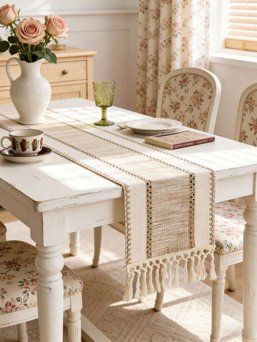 Nordic-Bohemian Striped Table Runner: Hand-Woven Tassels For Dining Tables, Round Coffee Tables & Rustic Home Decor,Perfect For Wedding Receptions, Outdoor Parties & Party's Decor Design For Home & Restaurant Decor, Kitchen Dining Table Centerpiece