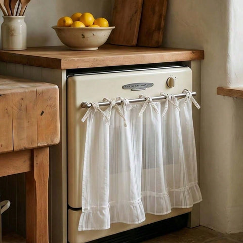 One Japanese-Style Striped Ruffled Half-Curtain Handmade Oven Skirt Cover, No-Drill Tie-On Sink Curtain, Kitchen Decorative Fabric Curtain To Cover Ovens, Microwaves And Stoves (Size 76*54cm).